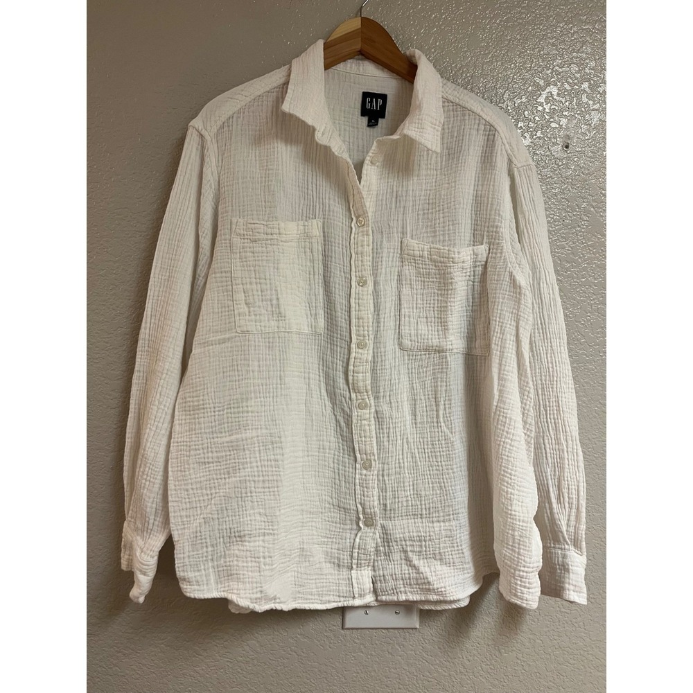 Gap White Crinkle Double Gauze Cotton Button Down Shirt XL Long Sleeve Pockets